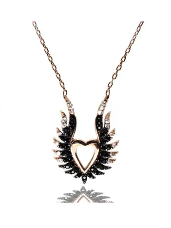 Siyah Kanatlı Kalpli Rose Bayan Gümüş Kolye