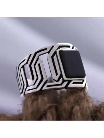 Siyah Oniks Taşlı Zincir Model Özel Seri Erkek Gümüş Yüzük