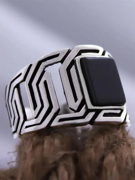 Siyah Oniks Taşlı Zincir Model Özel Seri Erkek Gümüş Yüzük