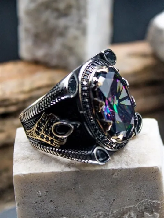 Mistik Topaz Taşlı Yanı Zirkon Taşlı İşlemeli Erkek Gümüş Yüzük GYZYZKEND02-KRS