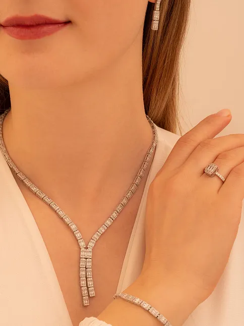 Kadın Gümüş Takı Seti - Dilruba Baget Taşlı Kare Model Kolye, Bileklik, Yüzük, Küpe Tam Set