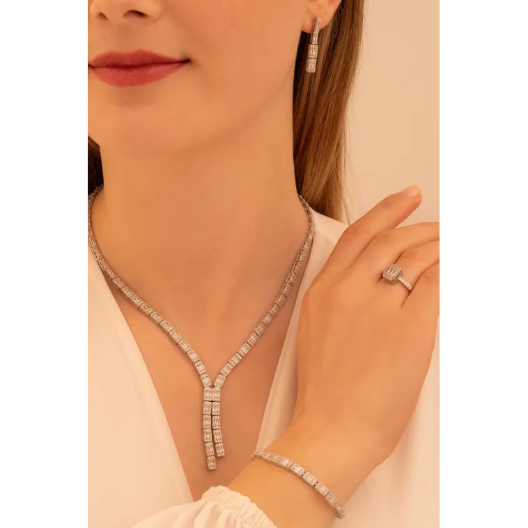 Kadın Gümüş Takı Seti - Dilruba Baget Taşlı Kare Model Kolye, Bileklik, Yüzük, Küpe Tam Set