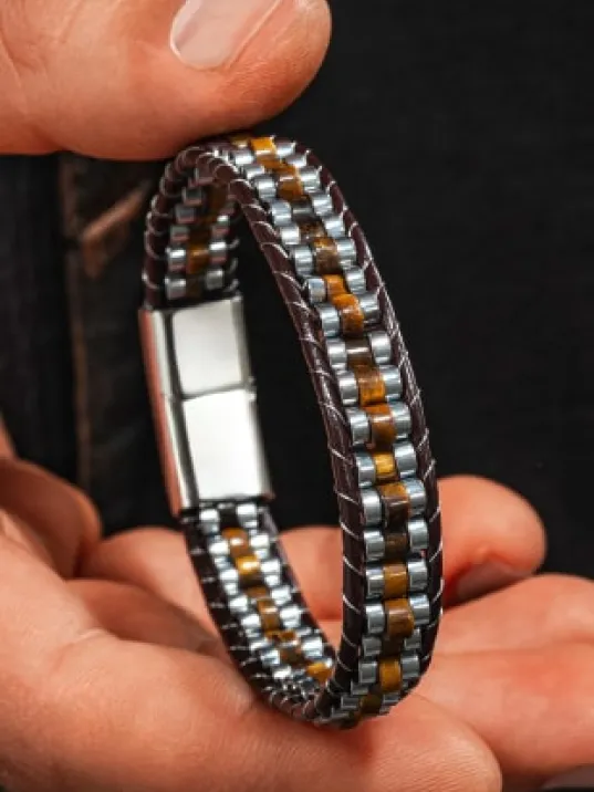 Erkek Kadın Kaplan Gözü Taşı Deri Kordon Doğal Taş Bileklik