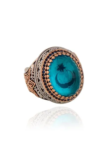 Aquramarin Erkek 925 Ayar Gümüş Yüzük GYZ0PARABIA-MAV