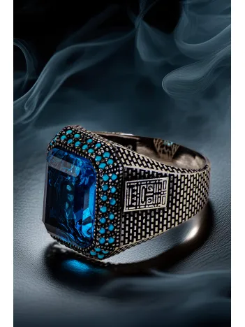 Erkek Mavi Taşlı Yanı Turkuaz Taş Süslemeli 925 Ayar Gümüş Yüzük