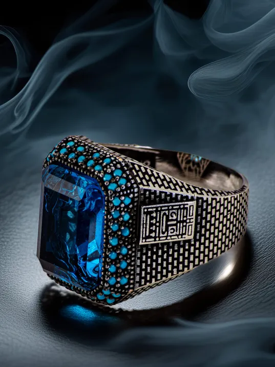 Erkek Mavi Taşlı Yanı Turkuaz Taş Süslemeli 925 Ayar Gümüş Yüzük