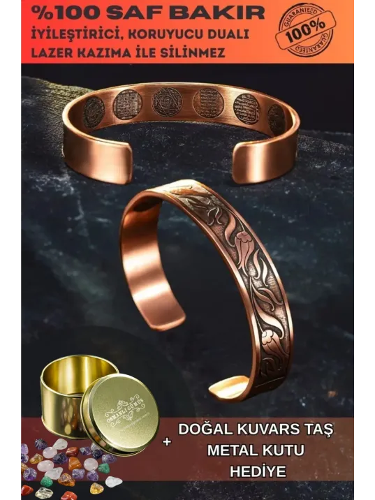 Erkek Kadın Bakır Bileklik - İçi Zırh Ve Koruma Dualı Üstü Lale İşlemeli Bakır Bilezik Bileklik
