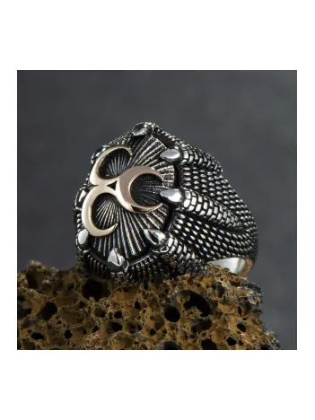 Erkek Gümüş Yüzük - Üç Hilal Motifli Kartal Pençeli 925 Ayar Gümüş Erkek Yüzük Erkek Gümüş Yüzük - Üç Hilal Motifli Kartal Pençeli 925 Ayar Gümüş Erkek Yüzük