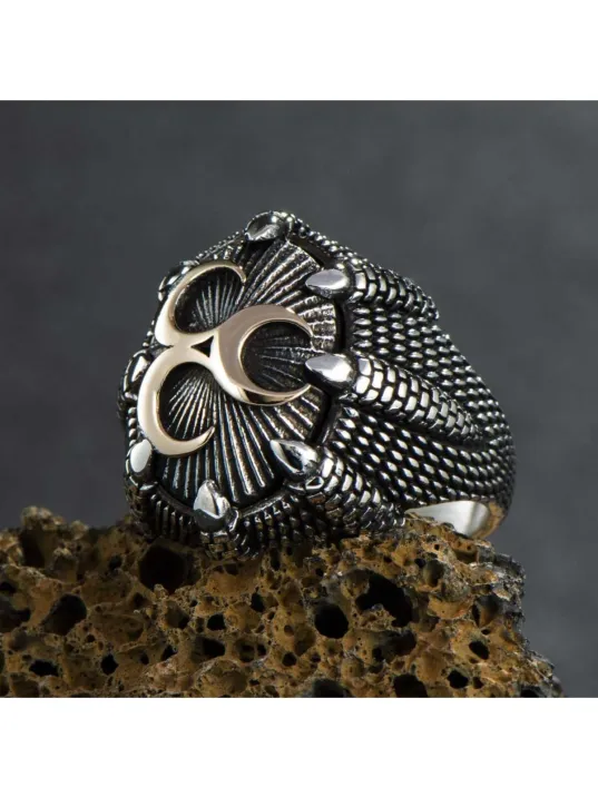 Erkek Gümüş Yüzük - Üç Hilal Motifli Kartal Pençeli 925 Ayar Gümüş Erkek Yüzük