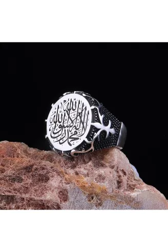 Erkek Gümüş Yüzük - Kelime-i Tevhid İşlemeli 925 Ayar Gümüş Erkek Yüzük