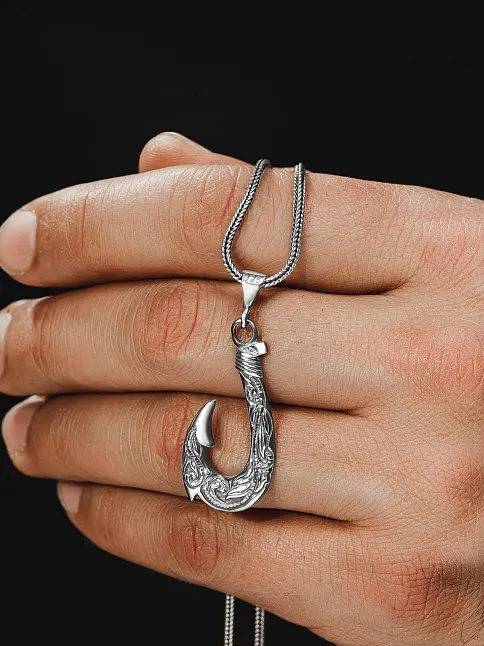 Erkek Gümüş Kolye - Balıkçı Olta Kanca Motifli Tilki Kuyruğu Zincir Erkek Gümüş Kolye