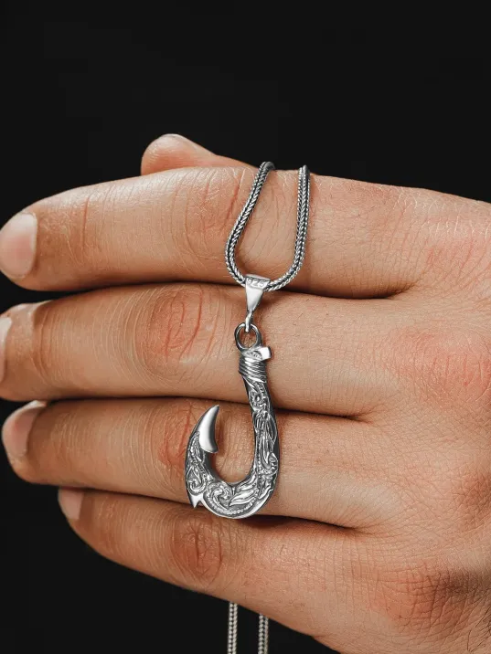 Erkek Gümüş Kolye - Balıkçı Olta Kanca Motifli Tilki Kuyruğu Zincir Erkek Gümüş Kolye