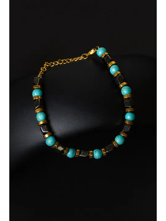 Erkek Kadın Çelik Bileklik - Turkuaz Taşlı Küp Model Sarı Detaylı Erkek Kadın Bileklik