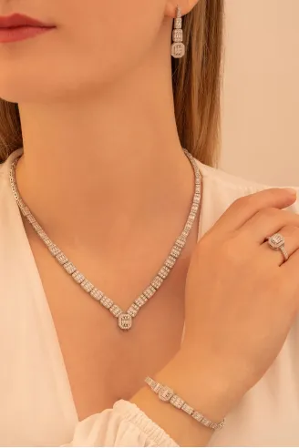 Kadın Gümüş Takı Seti - Berlin Baget Taşlı Model Kolye, Bileklik, Yüzük, Küpe Tam Set
