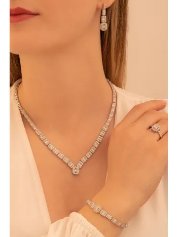 Kadın Gümüş Takı Seti - Berlin Baget Taşlı Model Kolye, Bileklik, Yüzük, Küpe Tam Set