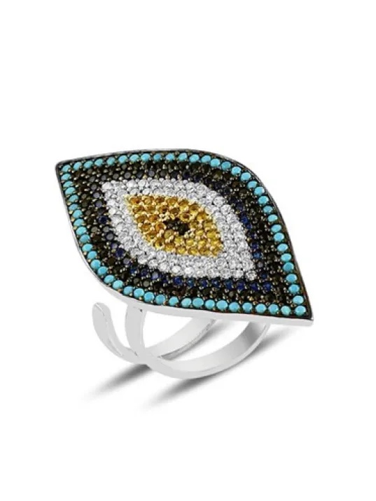 Nazarlık Motifli Büyük Boy Full Set Bayan Gümüş Kolye Bileklik Yüzük Küpe Takı Seti