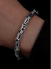 Erkek Gümüş Bileklik - 7.5 mm Özel Kilit Tasarımlı Yuvarlak Kesim Kral Model Gümüş Bileklik
