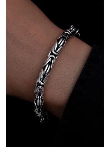 Erkek Gümüş Bileklik - 7.5 mm Özel Kilit Tasarımlı Yuvarlak Kesim Kral Model Gümüş Bileklik