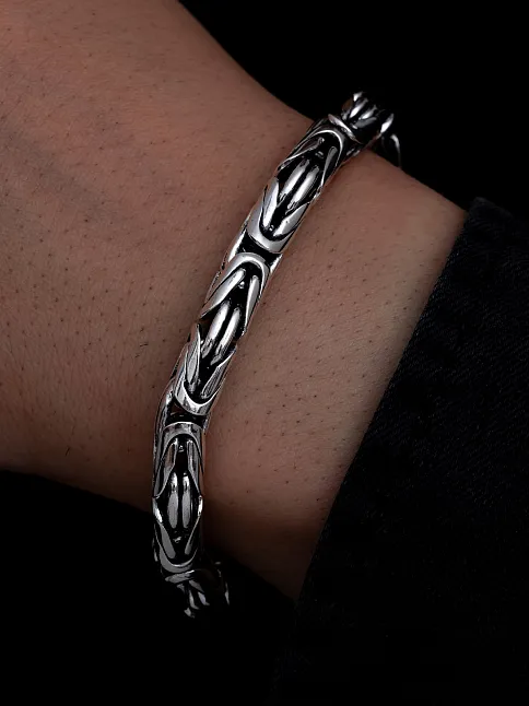 Erkek Gümüş Bileklik - 7.5 mm Özel Kilit Tasarımlı Yuvarlak Kesim Kral Model Gümüş Bileklik