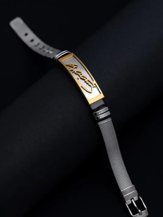 Erkek Çelik Bileklik - Sarı Mustafa Kemal Atatürk İmzalı Hasır Model Çelik Bileklik