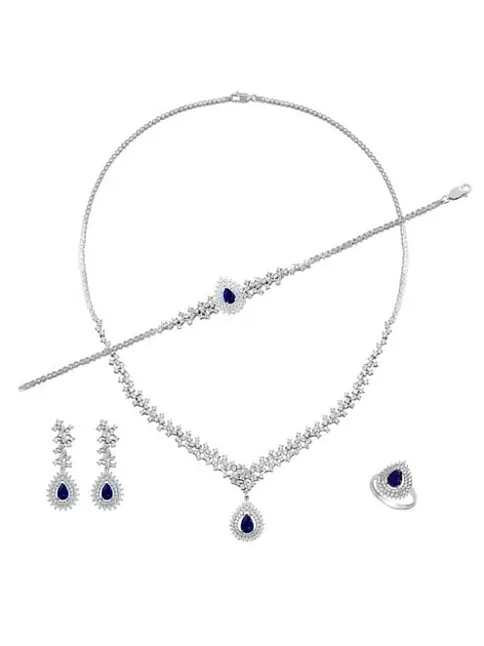 Çise Bayan Safir Taşlı Gümüş Su Yolu Set - Kolye, Bileklik, Küpe, Yüzük