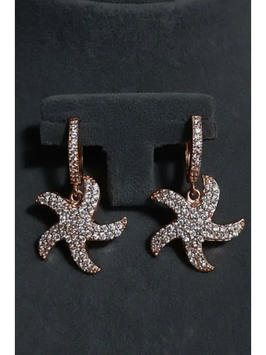 Kadın Gümüş Küpe - Deniz Yıldızı Model Rose Kaplama Zirkon Taşlı Gümüş Küpe