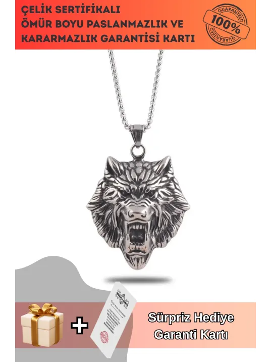 Aslan Başlı Erkek Çelik Zincir Kolye CKLASLNKAFA-GMS