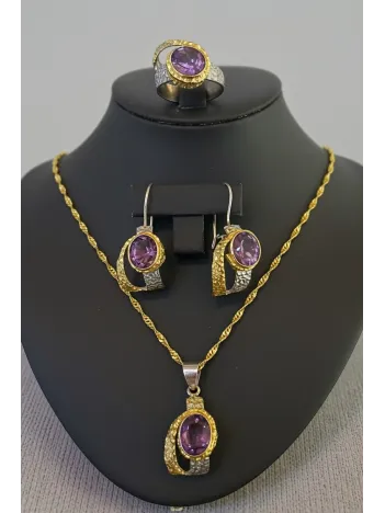 Kadın Gümüş Kolye Yüzük Küpe Set - Doğal Ametist Taşlı Altın Kaplama Gümüş Set
