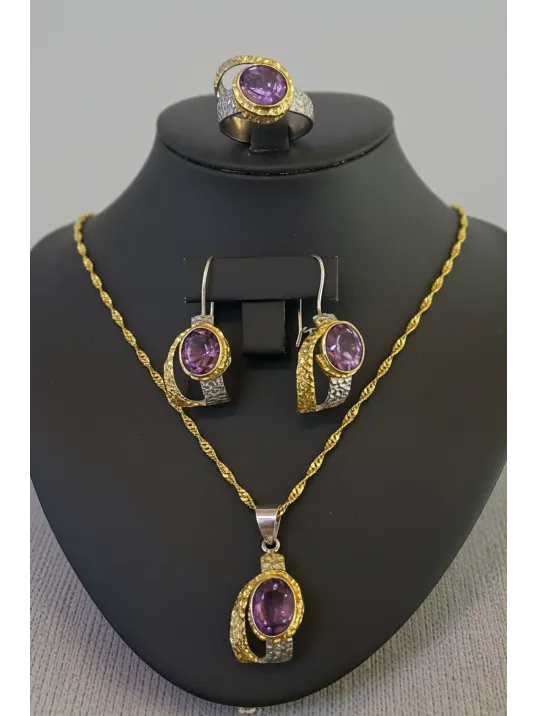 Kadın Gümüş Kolye Yüzük Küpe Set - Doğal Ametist Taşlı Altın Kaplama Gümüş Set