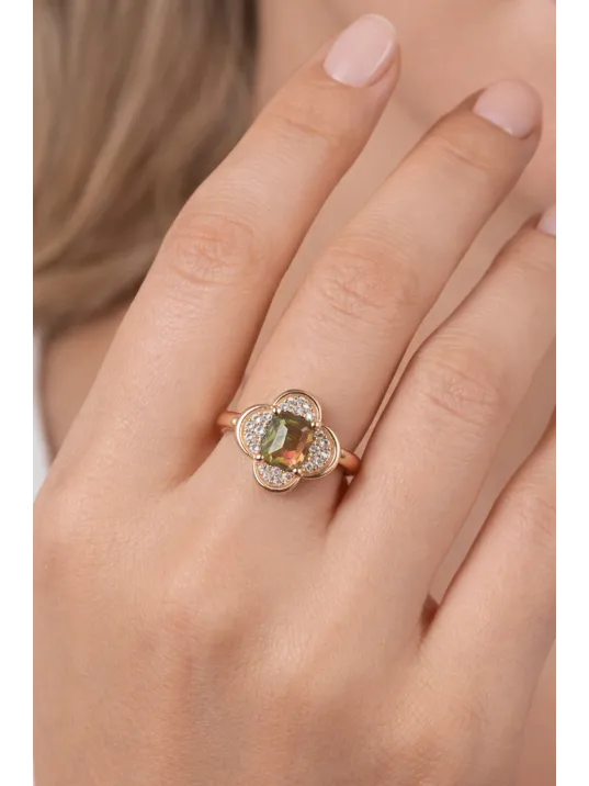 Kadın Gümüş Kolye Yüzük Küpe Set - Asalet Çiçeği Model Kare Zultanit Taşlı Rose Kaplama Set