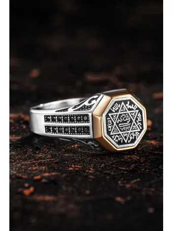 Erkek Gümüş Yüzük - Çift Zirkon Taşlı Hz. Süleyman Mührü Erkek Yüzük