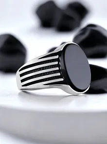 Erkek Gümüş Yüzük - 925 Ayar Siyah Oniks Taşlı Oval Erkek Gümüş Yüzük