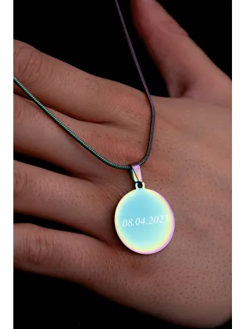 Erkek Çelik Kolye - Hologram İsim Yazılabilir Yuvarlak Model Çelik Kolye