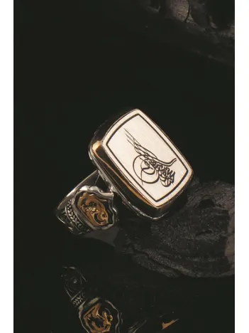 Osmanlı Tuğralı Yanların da Ay Yıldız İşlemeli Kare Model Gümüş Erkek Yüzük  GYZOSMNAYLD-GMS