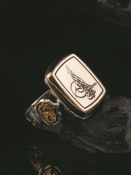 Osmanlı Tuğralı Yanların da Ay Yıldız İşlemeli Kare Model Gümüş Erkek Yüzük  GYZOSMNAYLD-GMS