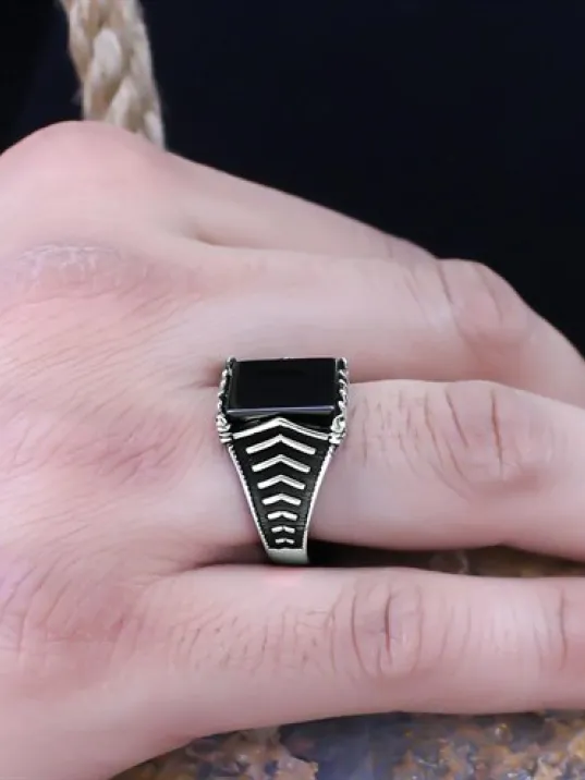 Siyah Oniks Kare Taşlı Özel Seri Erkek Gümüş Yüzük
