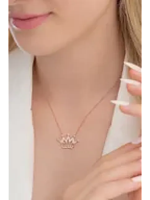 Zirkon Taşlı Rose Renk Kalpli Kral Tacı Kadın Gümüş Kolye GKLKRLTCIM1-ROS