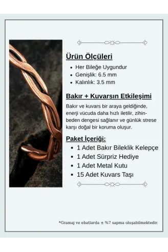 Copper Knit Bakır Kelepçe Bilezik Erkek Kadın Kuvars Taşı ve Metal Kutulu