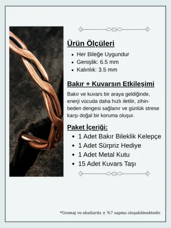 Copper Knit Bakır Kelepçe Bilezik Erkek Kadın Doğal Taşlar ve Metal Kutulu