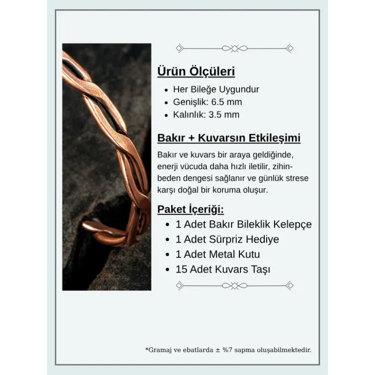 Copper Knit Bakır Kelepçe Bilezik Erkek Kadın Kuvars Taşı ve Metal Kutulu Copper Knit Bakır Kelepçe Bilezik Erkek Kadın Kuvars Taşı ve Metal Kutulu