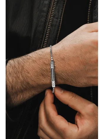 Erkek Gümüş Bileklik - Çift Sıra Siyah Zirkon Taşlı Omega Model Erkek Bileklik