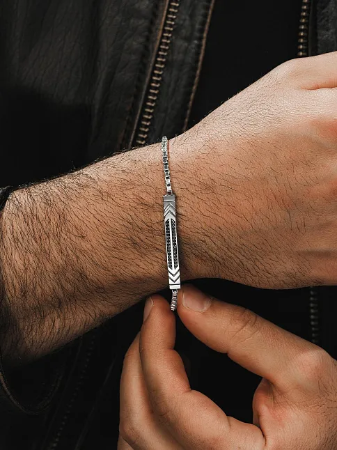 Erkek Gümüş Bileklik - Çift Sıra Siyah Zirkon Taşlı Omega Model Erkek Bileklik