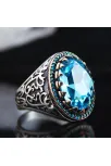 Turkuaz Paraiba Taşlı Yanı İşlemeli Özel Seri Erkek Gümüş Yüzük
