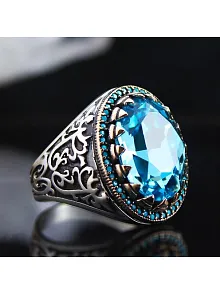 Turkuaz Paraiba Taşlı Yanı İşlemeli Özel Seri Erkek Gümüş Yüzük