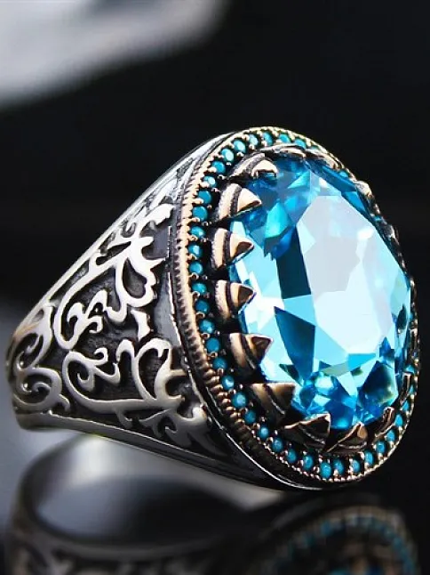 Turkuaz Paraiba Taşlı Yanı İşlemeli Özel Seri Erkek Gümüş Yüzük