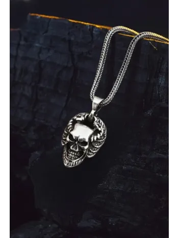 Erkek Gümüş Kolye - Boynuzlu Kuru Kafa Model Gümüş Kolye