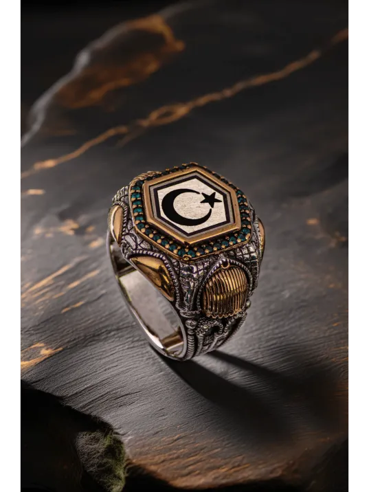 Erkek Zümrüt Taşlı Ay Yıldız İşlemeli 925 Ayar Gümüş Yüzük