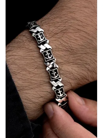 Erkek Gümüş Bileklik -Çapa Motifli Kare Model Gümüş Bileklik