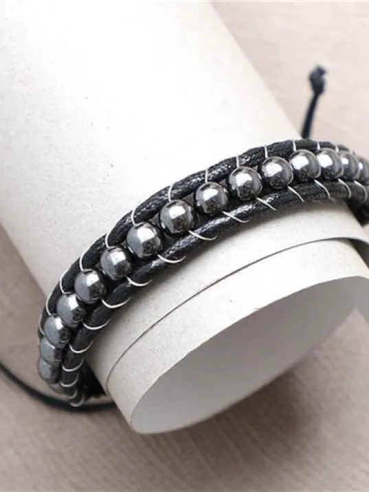 Yuvarlak Hematit Doğaltaş Erkek Bayan Makrome Bileklik