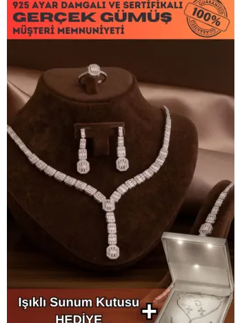 Kadın Gümüş Takı Seti - Perihan Baget Taşlı Zirkon Süslemeli Kolye, Bileklik, Yüzük, Küpe Tam Set